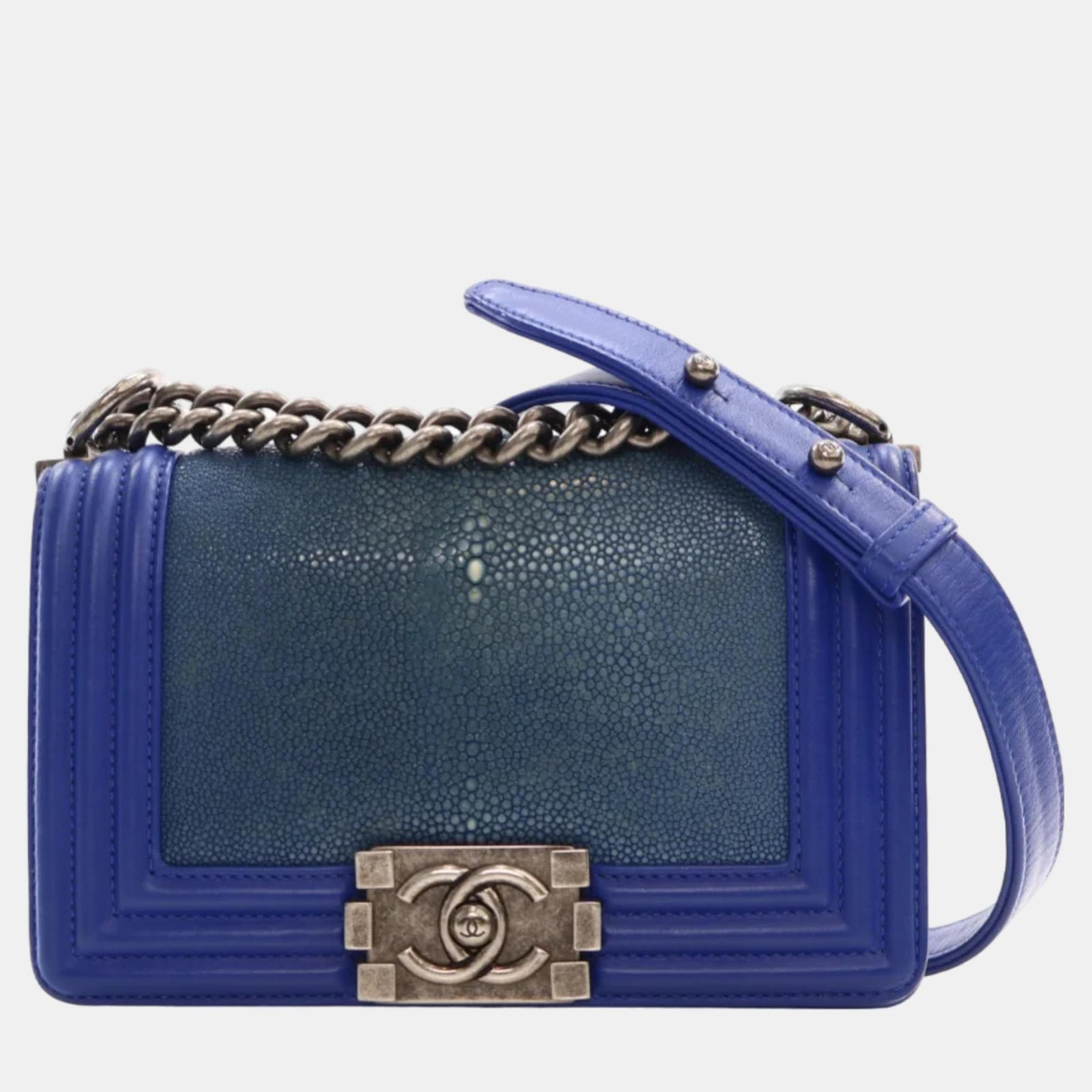 Chanel Sacs à bandoulière en cuir bleu/argent Stingray Boy