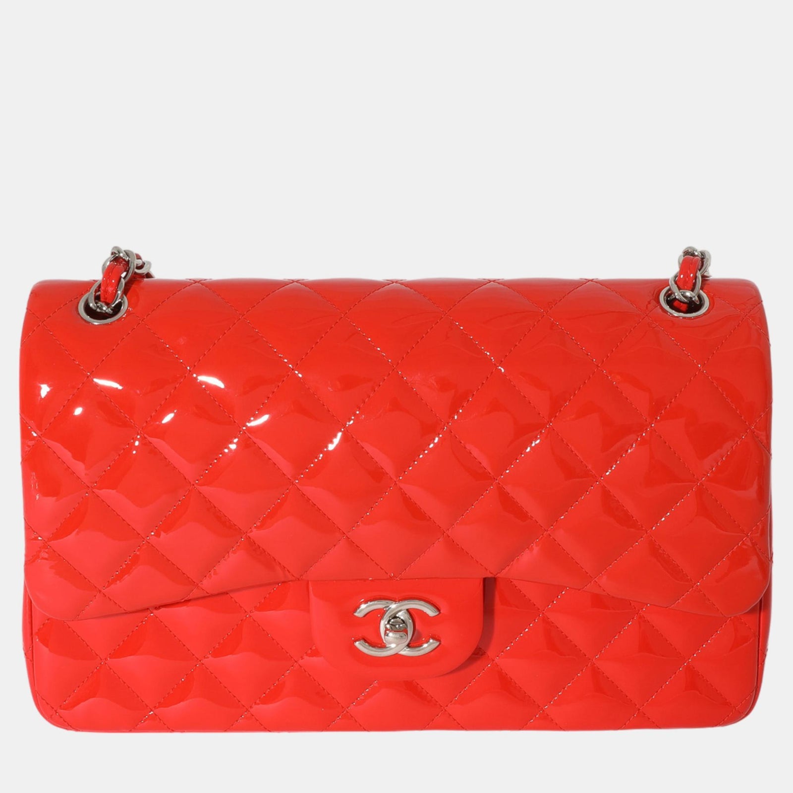 Chanel Orange Quilted Patent Leather Jumbo Double Flap Bag