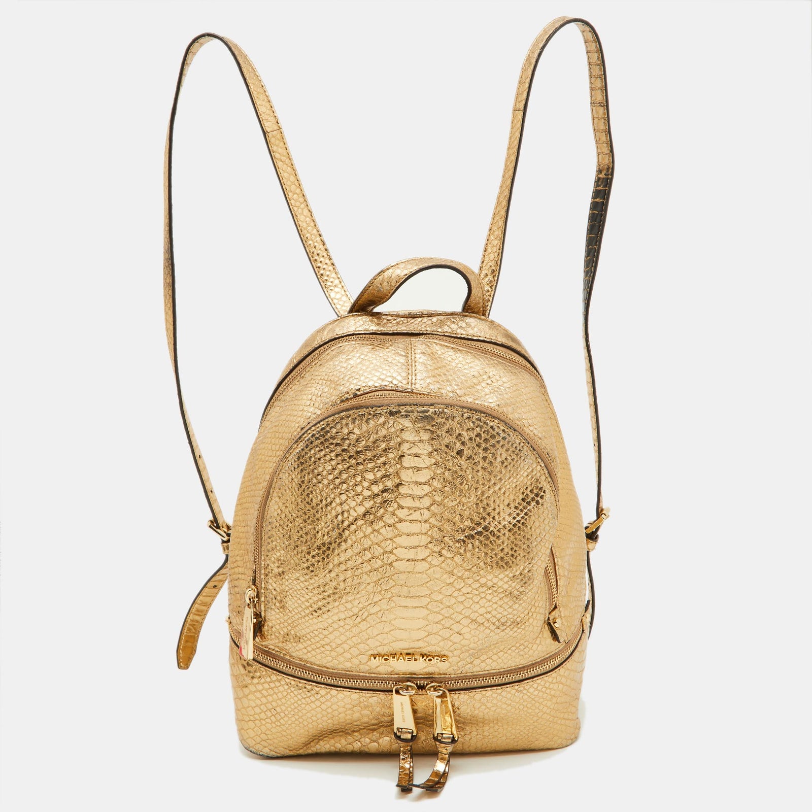 Michael Kors Metallic Gold Python Embossed Leather Small Rhea Backpack