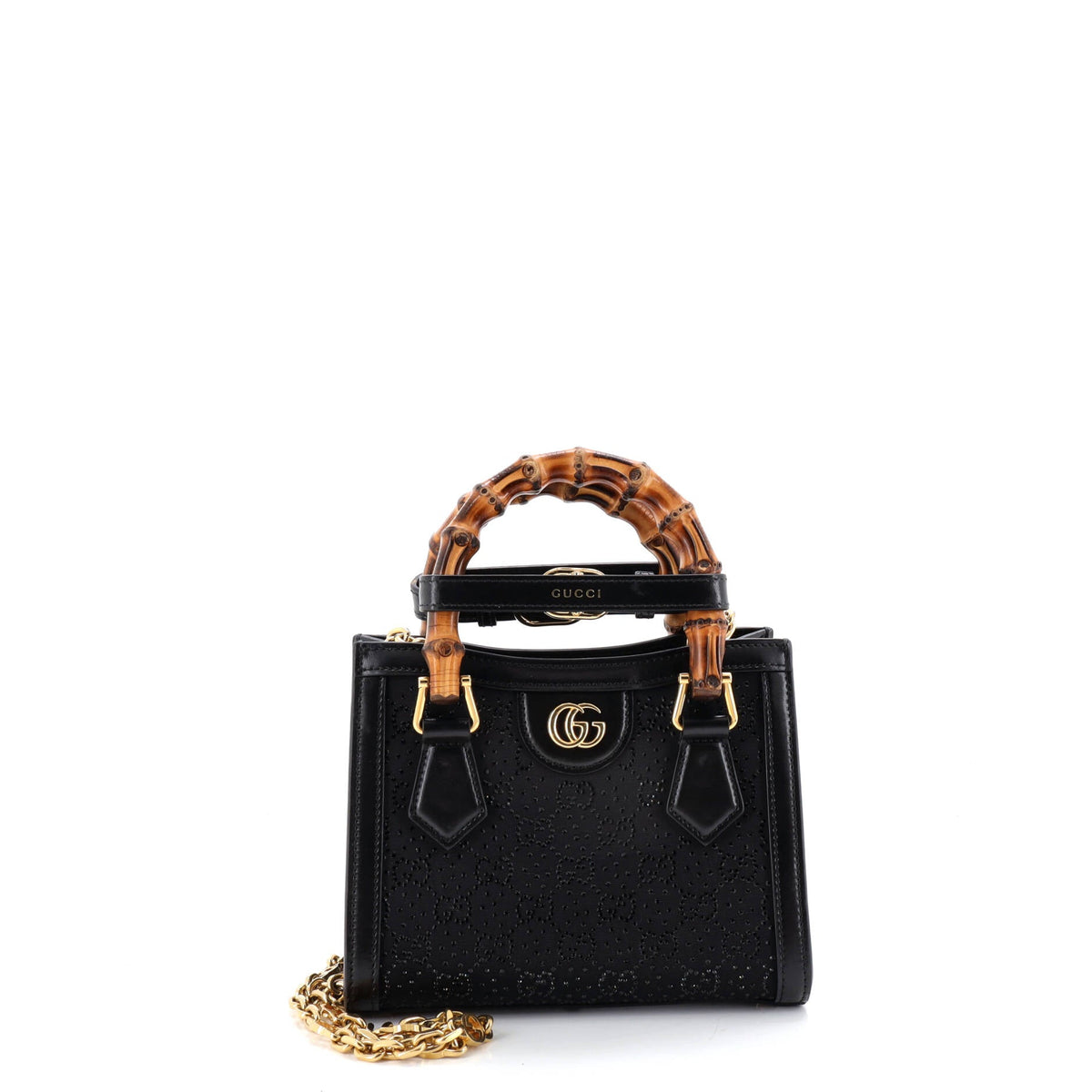 Gucci GUCCI Diana NM Bamboo Handle Tote Crystal Embellished GG Canvas Mini