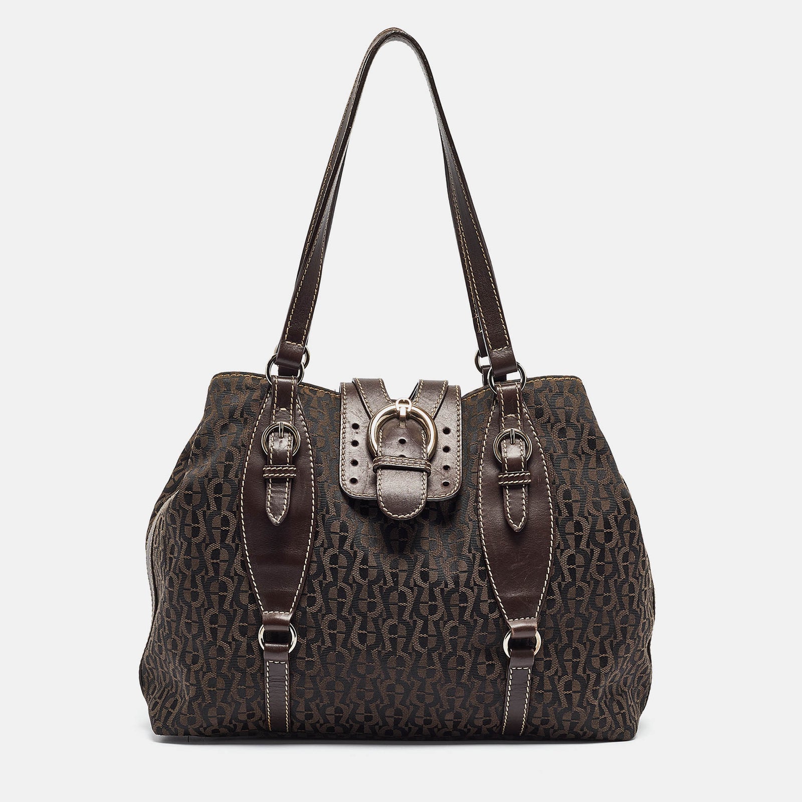 Aigner Dark Brown Monogram Canvas and Leather Buckle Flap Tote