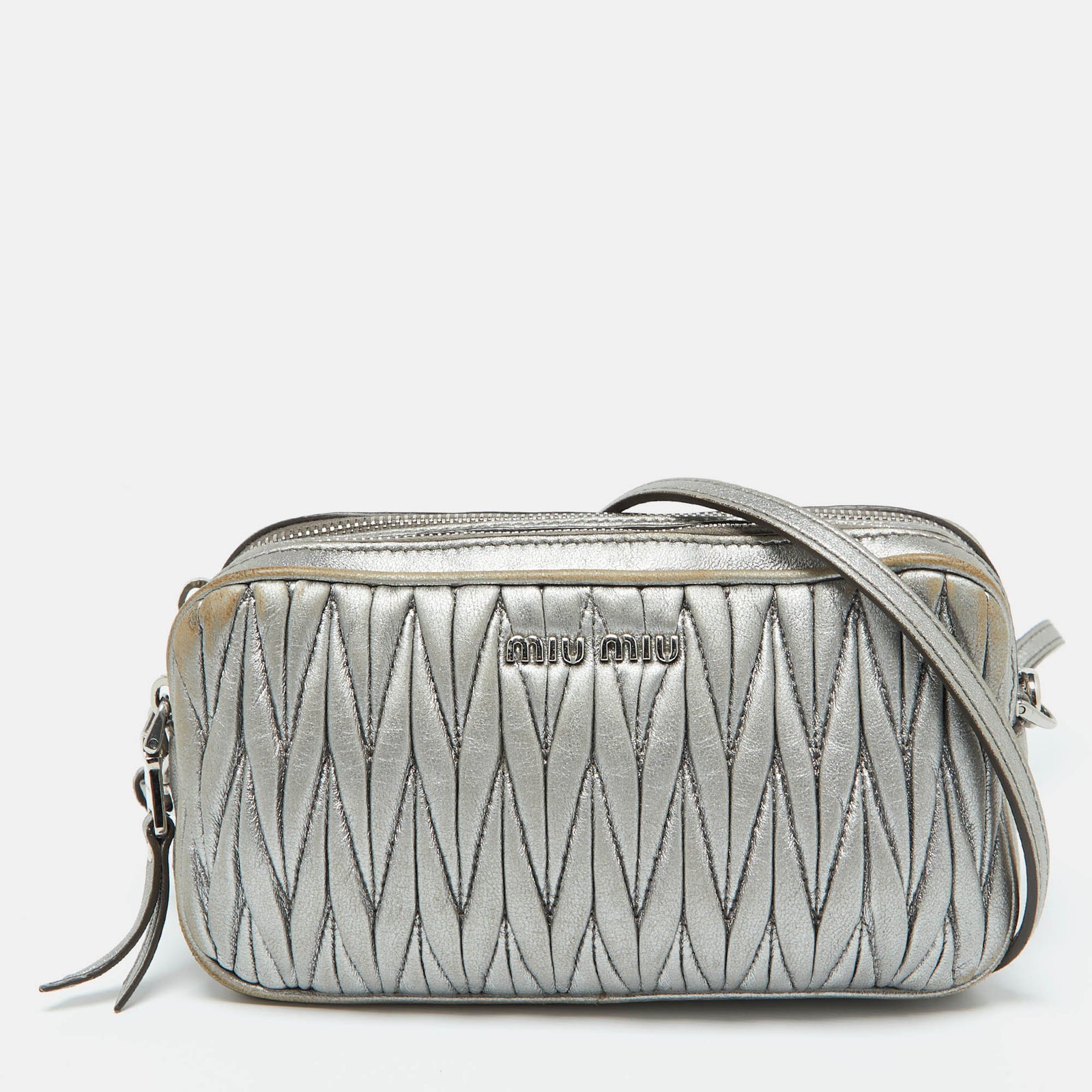 Miu Miu Silver Matelass&eacute; Leather Double Zip Crossbody Bag