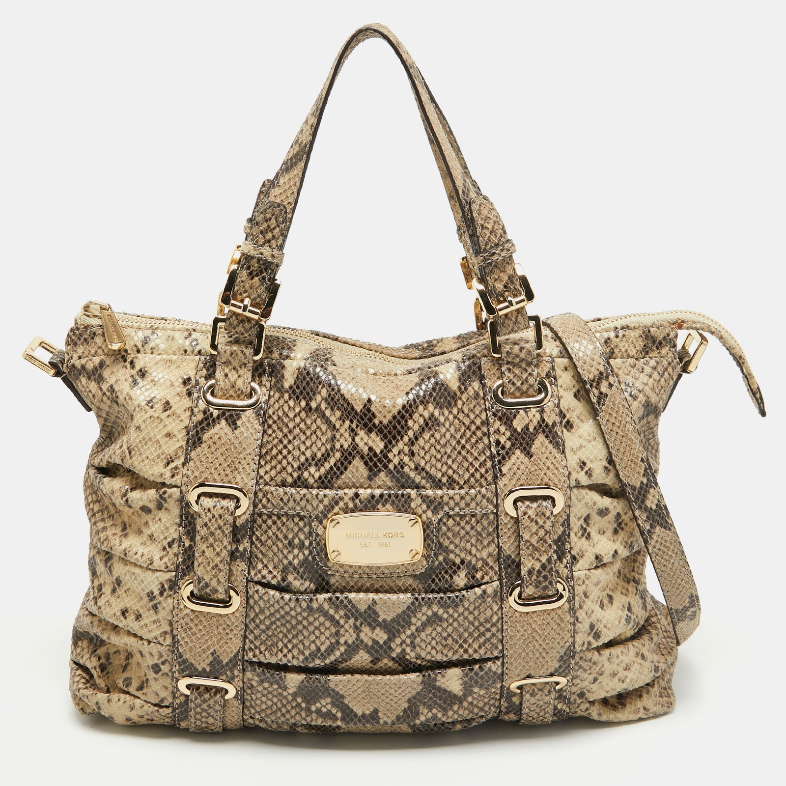 Michael Kors Black/Cream Python Embossed Leather Large Rouched Gansevoort Tote