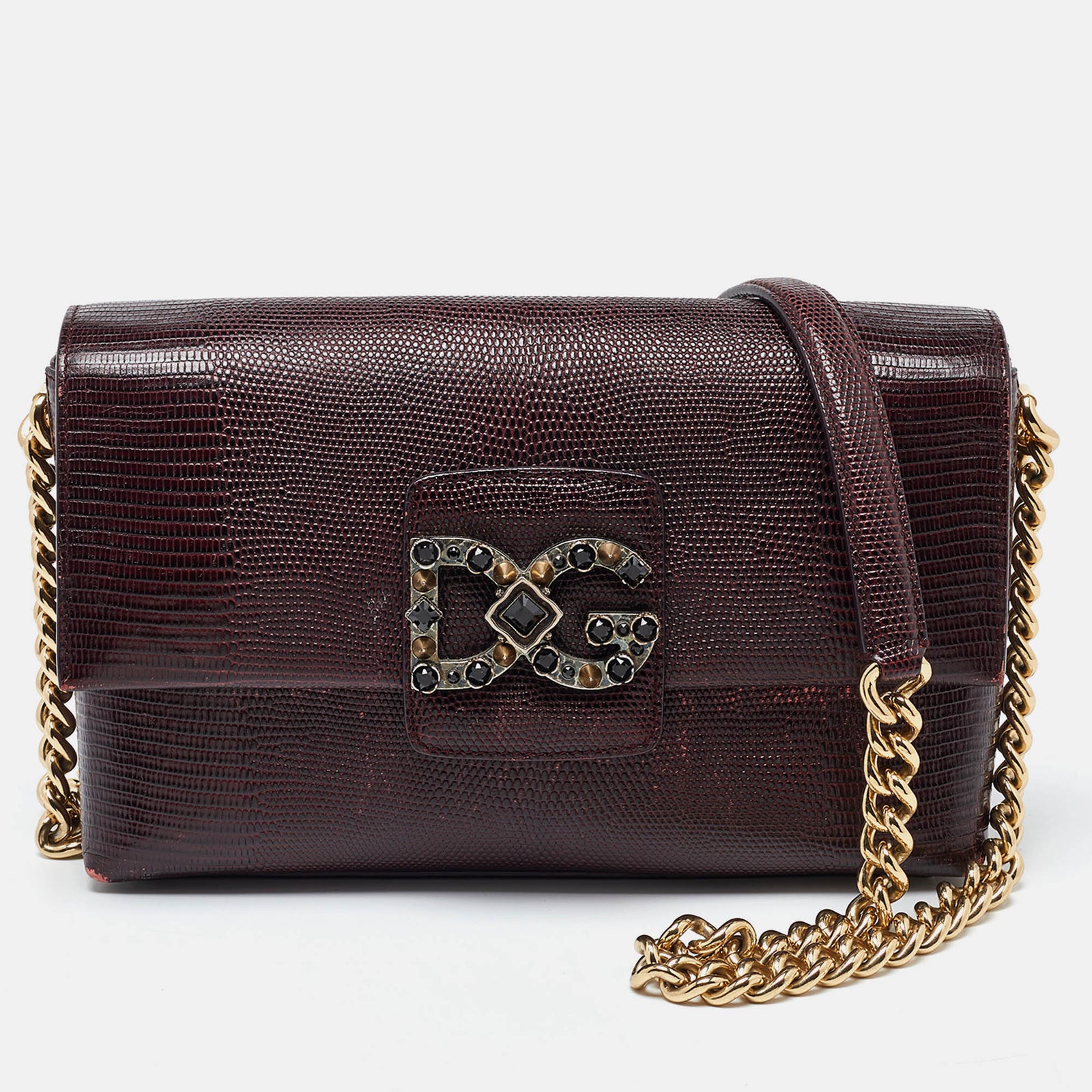 Dolce & Gabbana Burgundy Lizard Embossed Leather DG Millennials Shoulder Bag