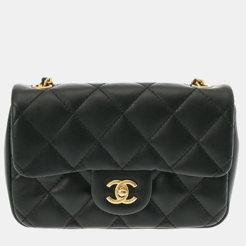 Black Lambskin Leather Mini Heart Charms Flap Bag