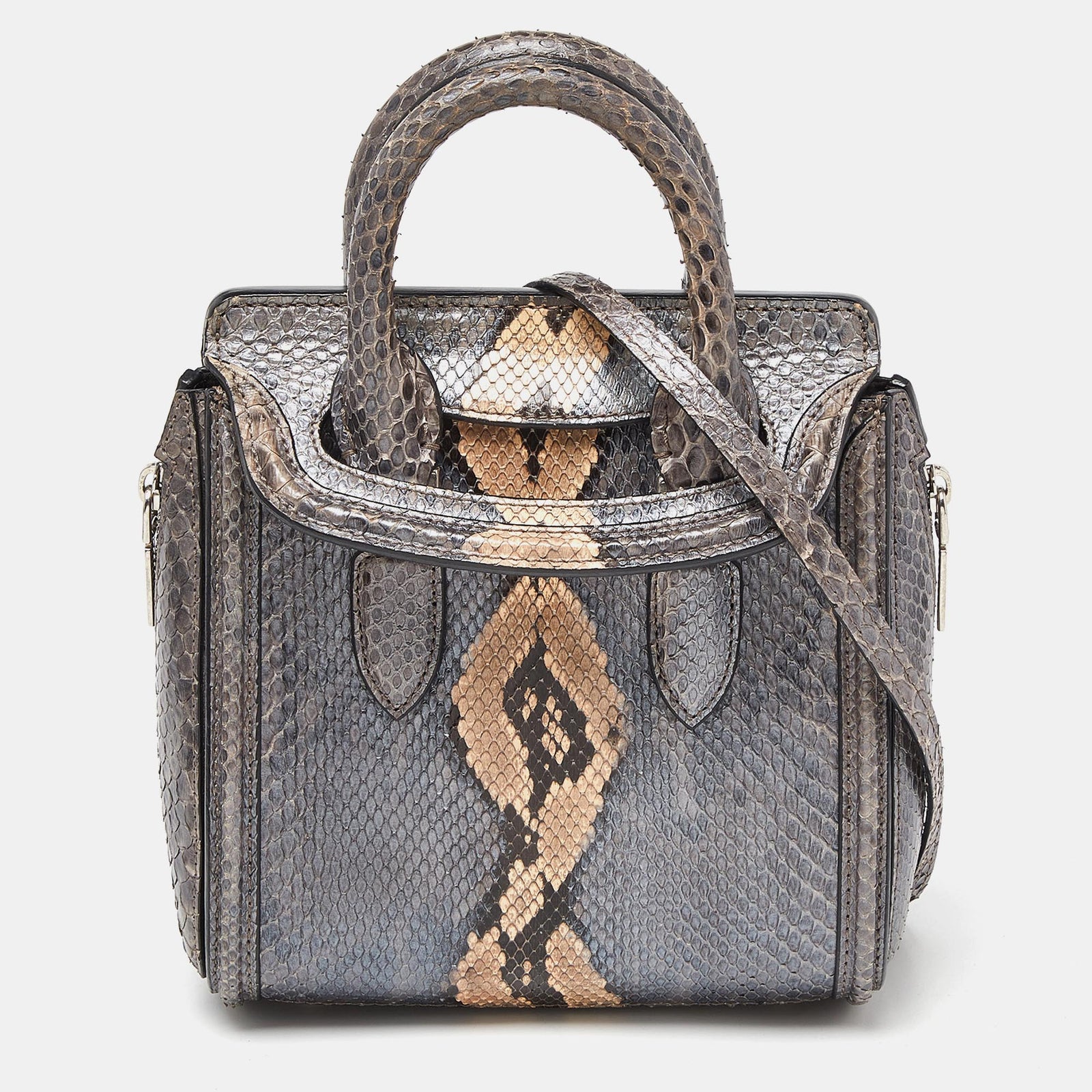 Alexander Mcqueen Metallic Grey Python Mini Heroine Bag