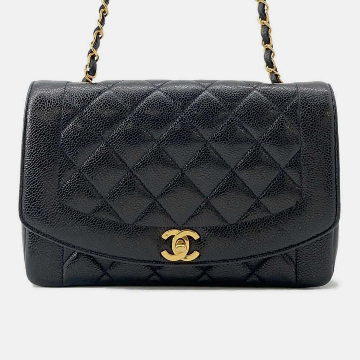Chanel Black Caviar Leather Diana Single Flap Chain Shoulder Bag 25