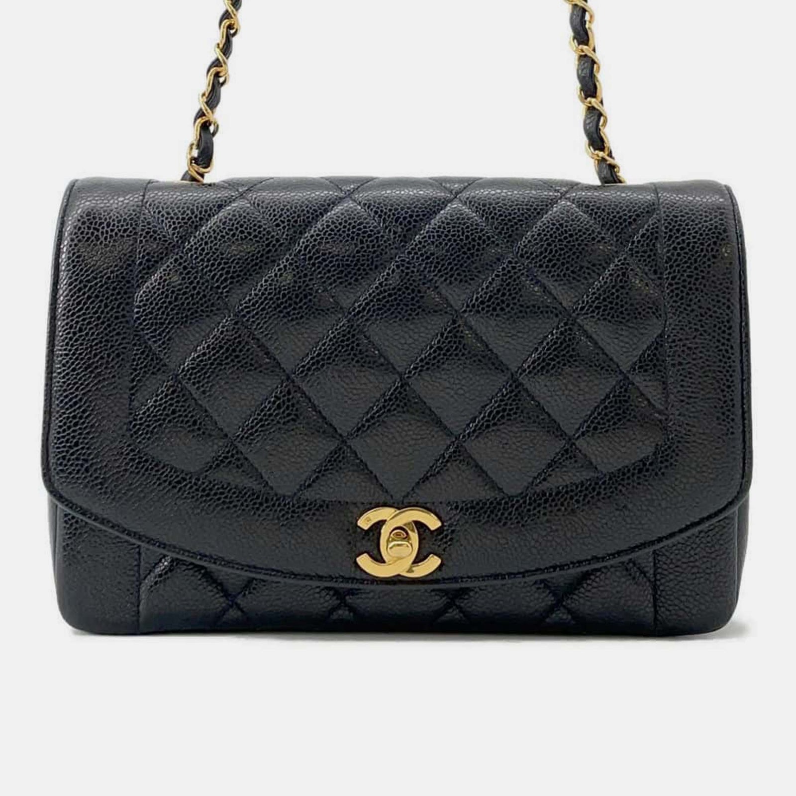 Chanel Diana Umhängetasche aus schwarzem Kaviarleder mit einzelner Klappe und Kette 25