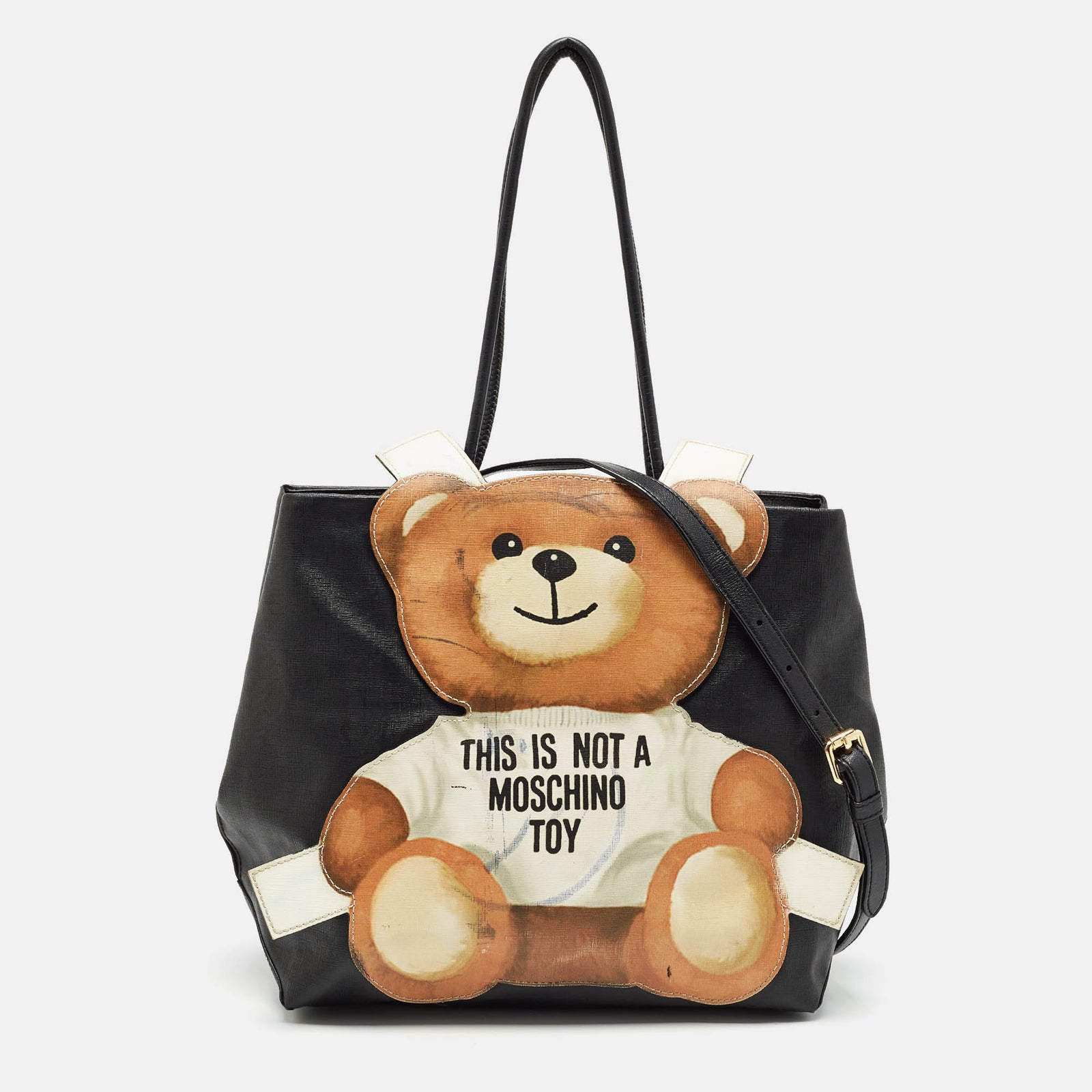 Moschino Black Textured Faux Leather Teddy Bear Tote