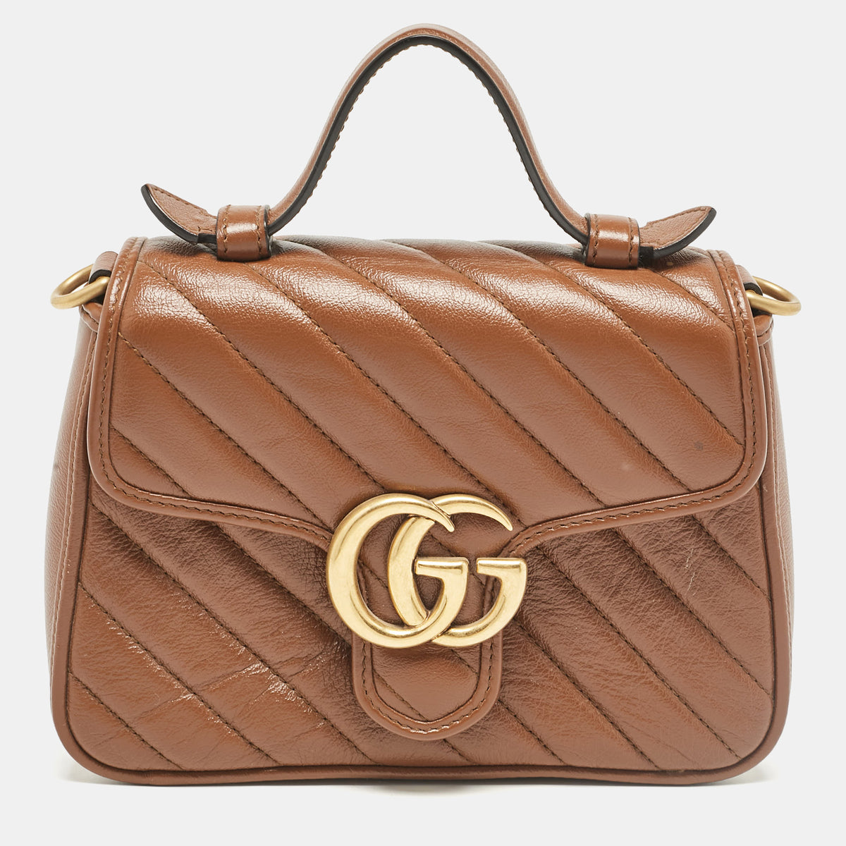Gucci Brown Matelass&eacute; Leather Mini GG Marmont Top Handle Bag
