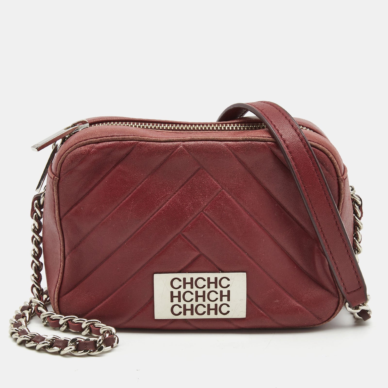 Ch Carolina Herrera Burgundy Chevron Leather Logo Camera Crossbody Bag