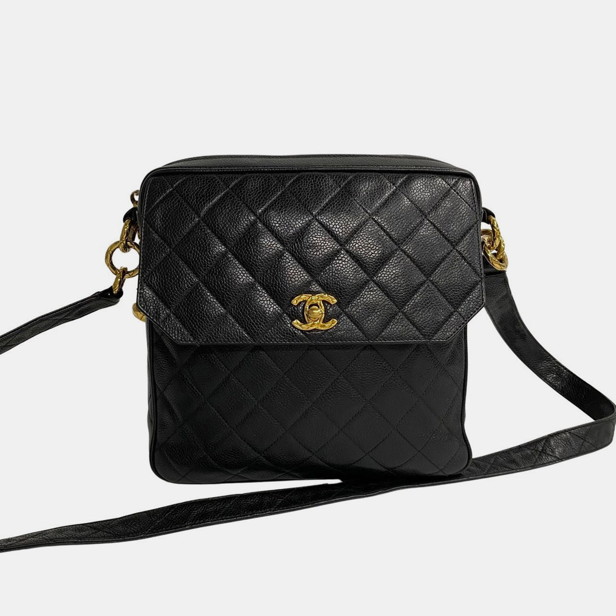 Chanel Vintage Black Caviar Quilted Zip Crossbody Bag
