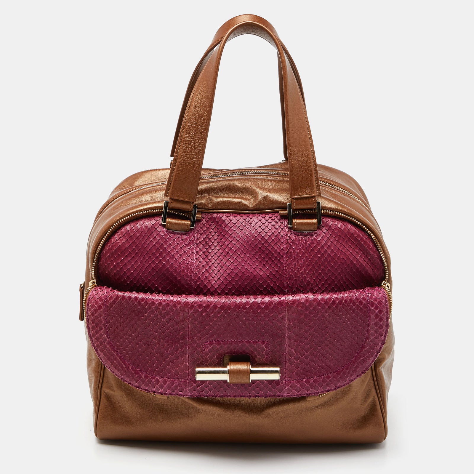 Jimmy Choo Brown/Magenta Leather and Watersnake Leather Justine Satchel