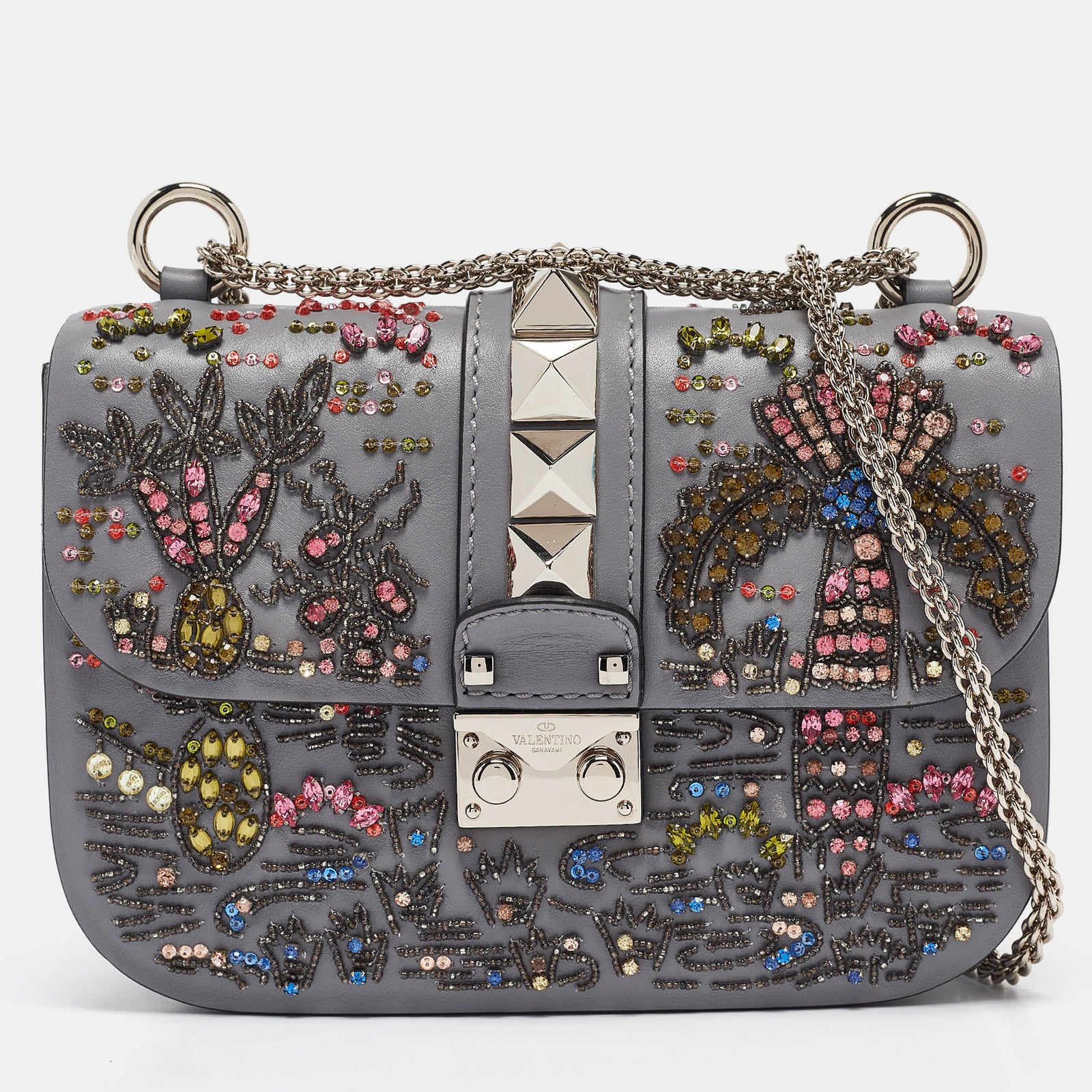 Valentino Grey Leather Small Crystal Embellished Rockstud Glam Lock Flap Bag