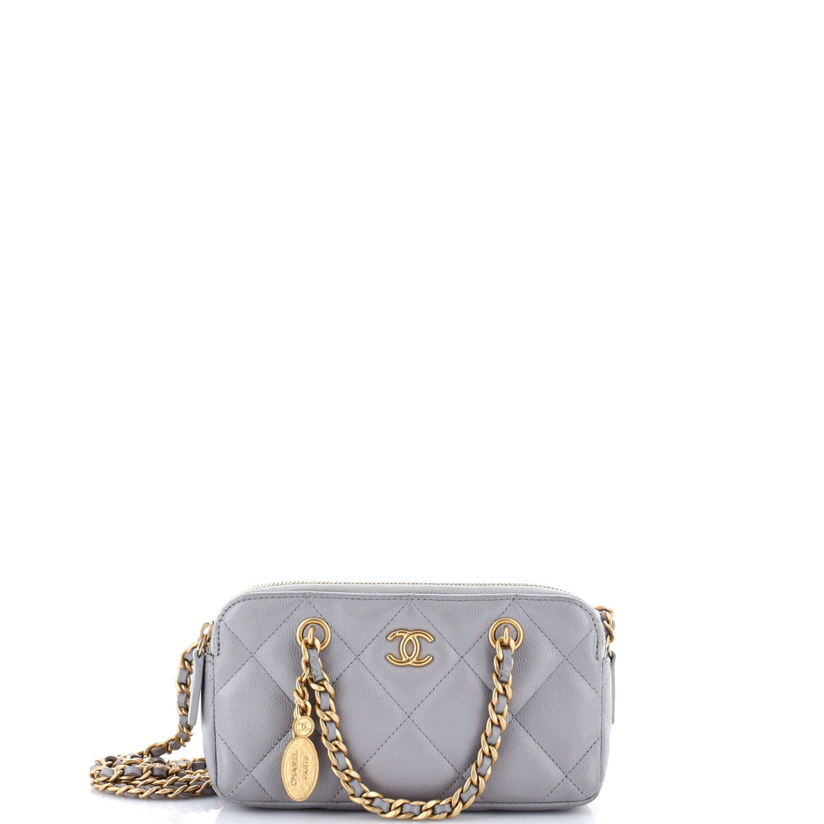Chanel CHANEL Medallion Charm Double Zip Clutch with Chain Quilted Caviar