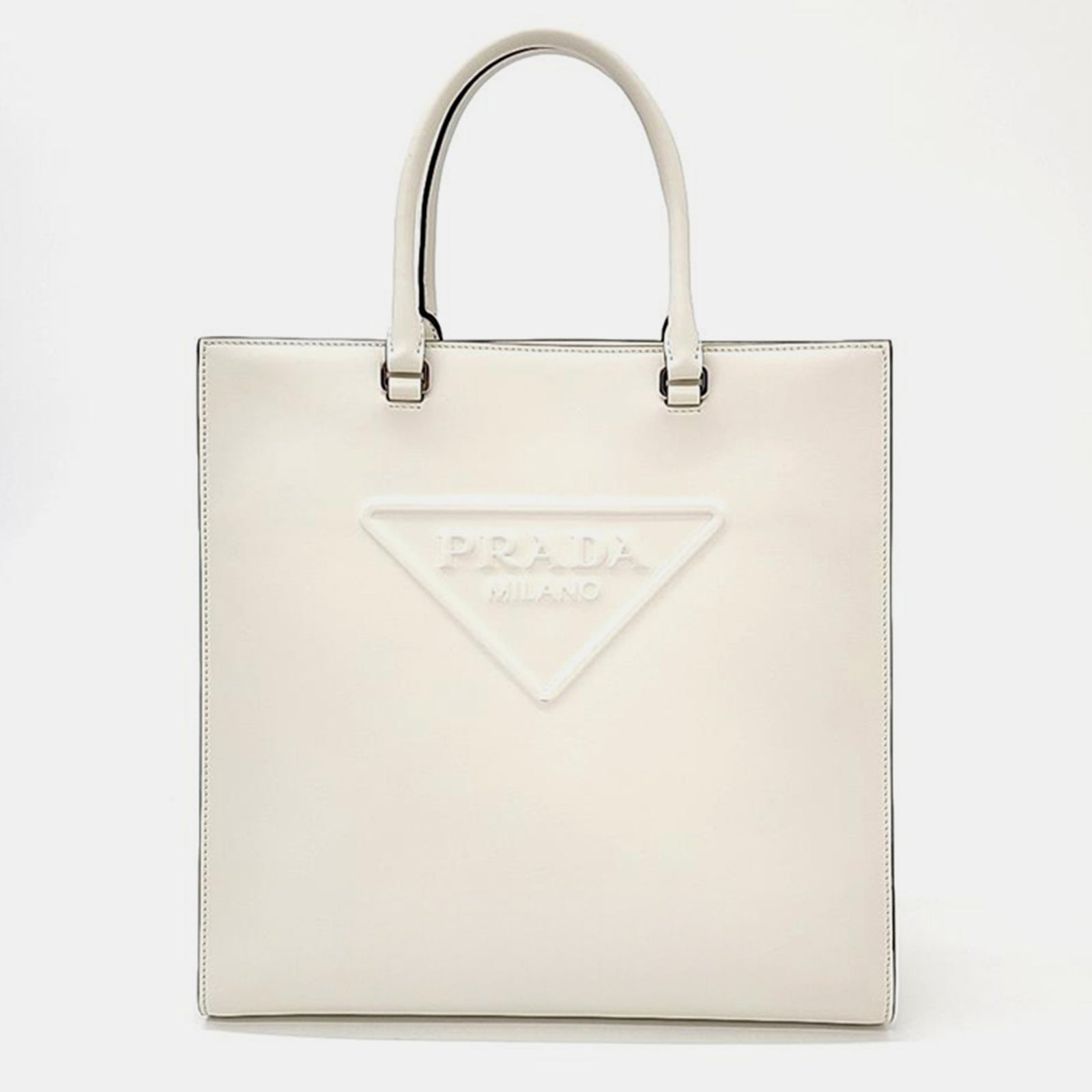 Prada White Leather Medium Triangle Logo Convertible Open Tote Bag