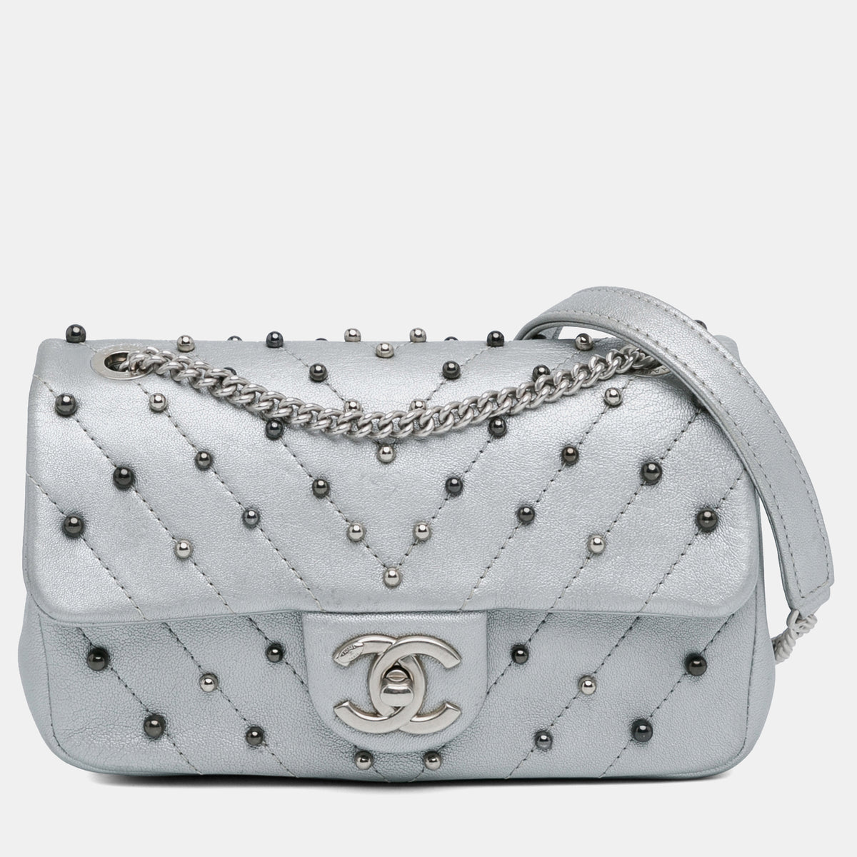 Chanel Silver Lambskin Leather Mini Rectangular Chevron Quilted Stud Wars Flap Bag