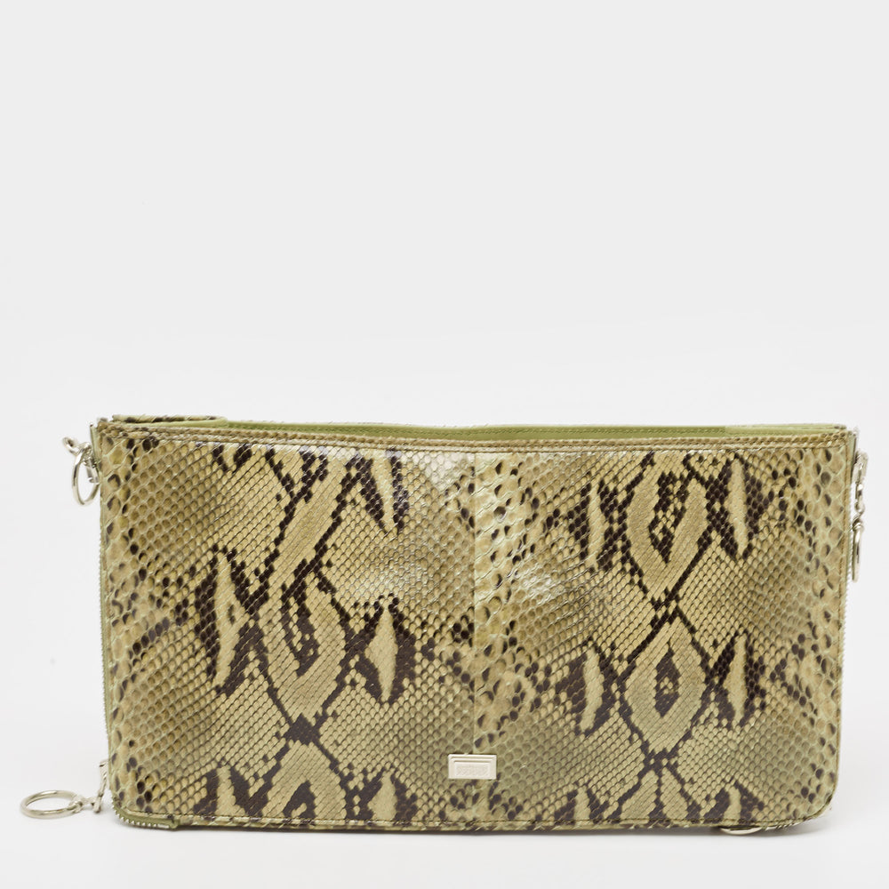 Pochette zippée oversize en python vert olive