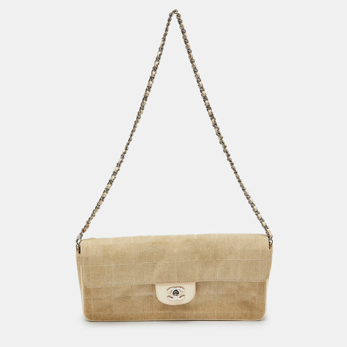 Beige Quilted Canvas Travel Line East West Flap Bag