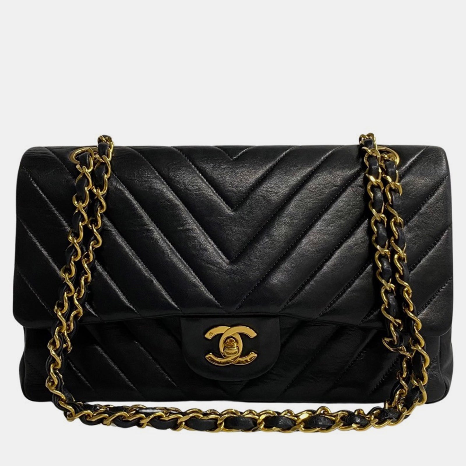 Chanel Klassische mittelgroße Schultertasche aus schwarzem Lammleder mit Doppelklappe