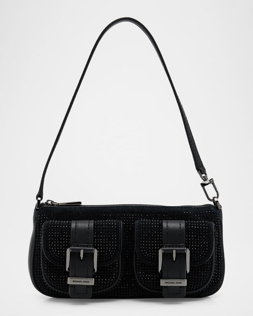 Zoe Small Rhinestone Suede Pochette Shoulder Bag