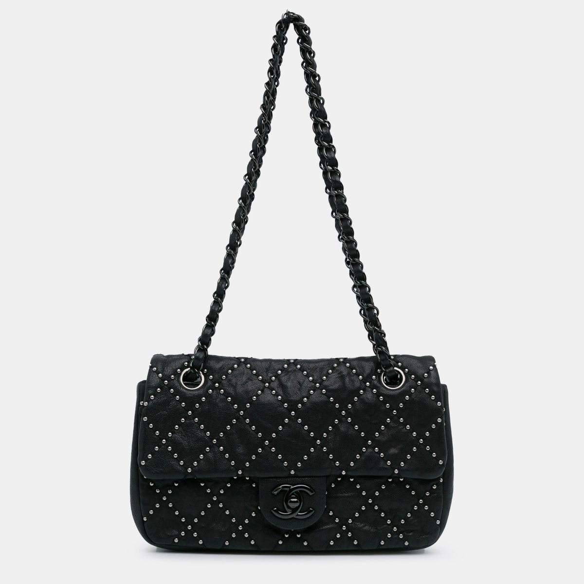 Chanel Black Lambskin Leather Studded Metal Beauty Flap Bag