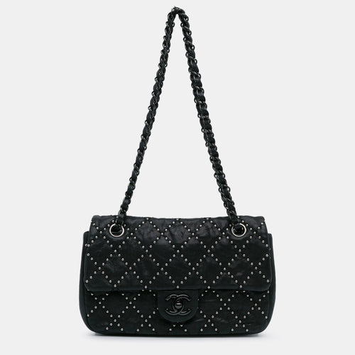 Black Lambskin Leather Studded Metal Beauty Flap Bag