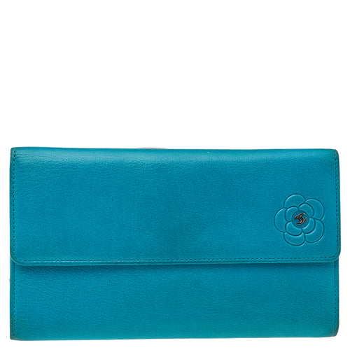 Turquoise Leather CC Camellia Flap Continental Wallet