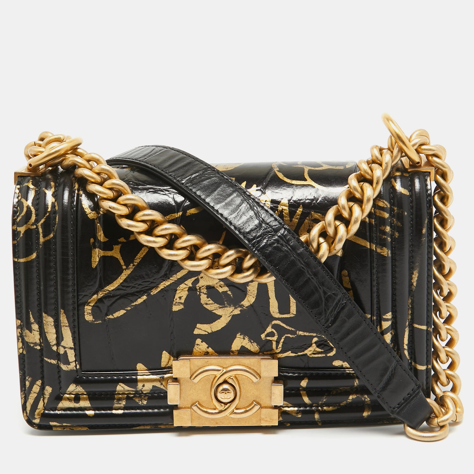 Chanel Black/Gold Croc Embossed Leather Graffiti Small Boy Bag