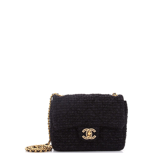 CHANEL Square Classic Single Flap Bag Quilted Tweed with Crystals Mini