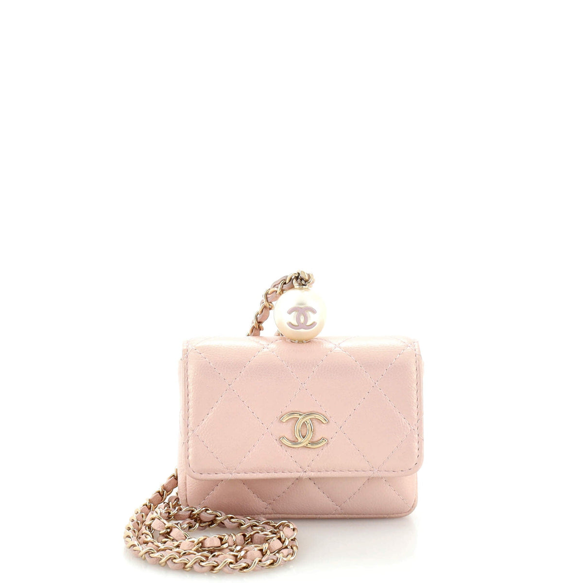 Chanel CHANEL CC Pearl Coin Card Holder with Chain Quilted Iridescent Caviar