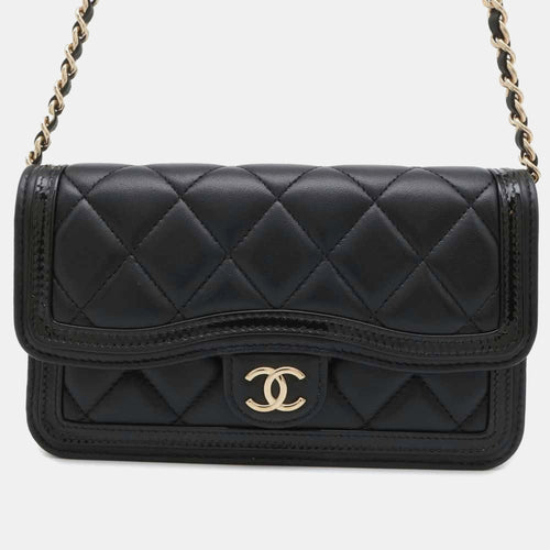 Black Lambskin Patent Leather Matelasse Chain Phone Case