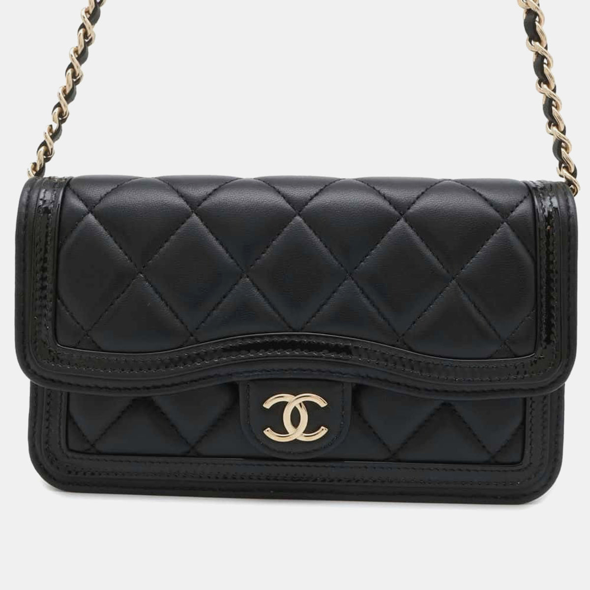 Chanel Black Lambskin Patent Leather Matelasse Chain Phone Case