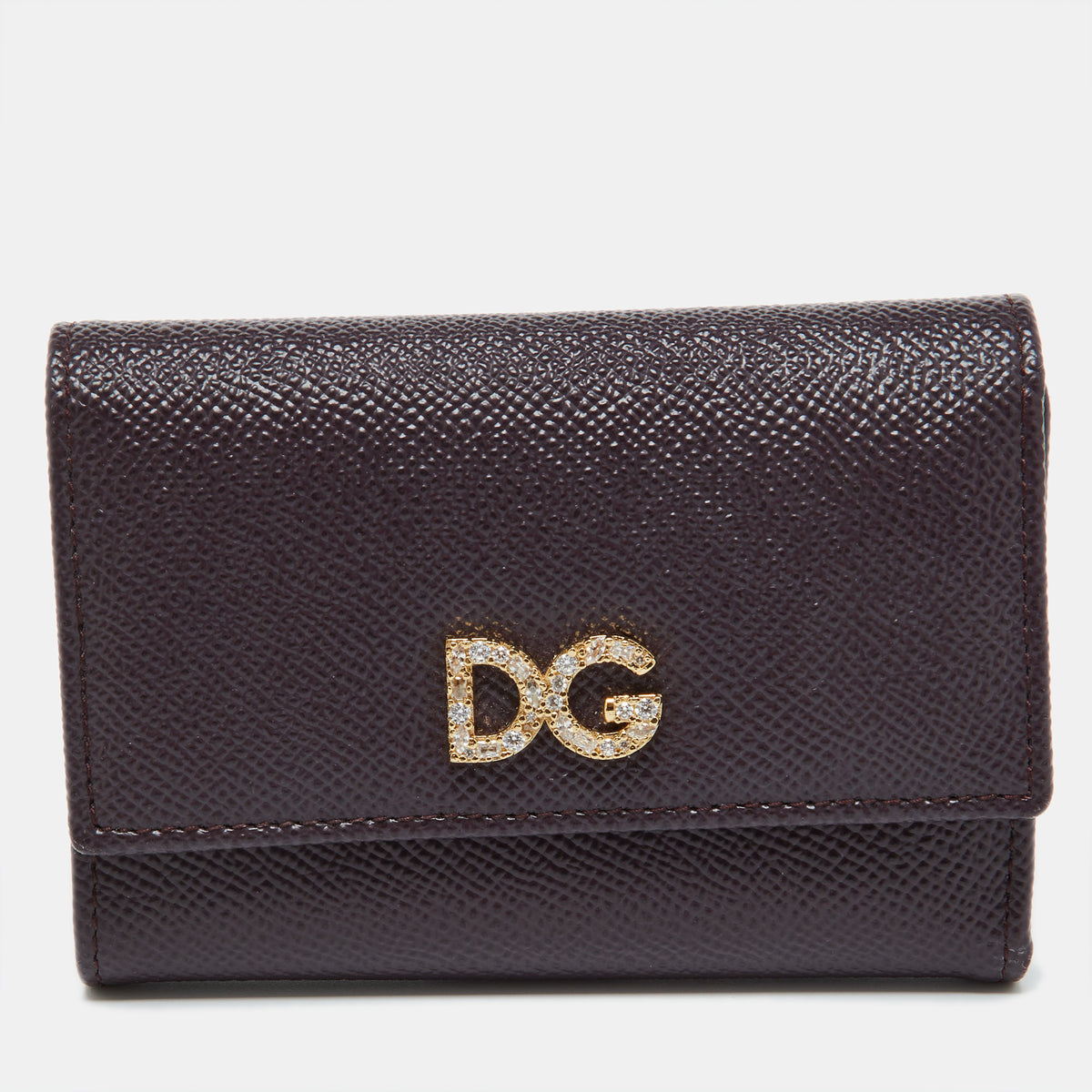 Dolce & Gabbana Burgundy Leather DG Crystals Trifold Wallet