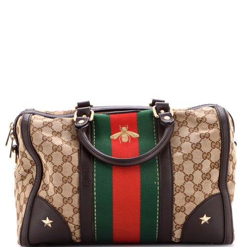 GUCCI Vintage Bee Web Boston Bag GG Canvas Medium