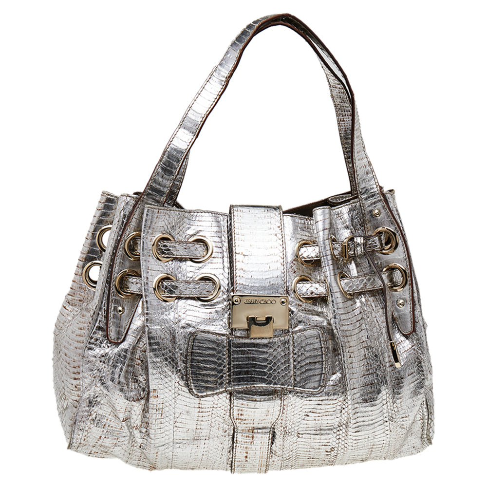 Jimmy Choo Metallic Silver Watersnake Riki Tote