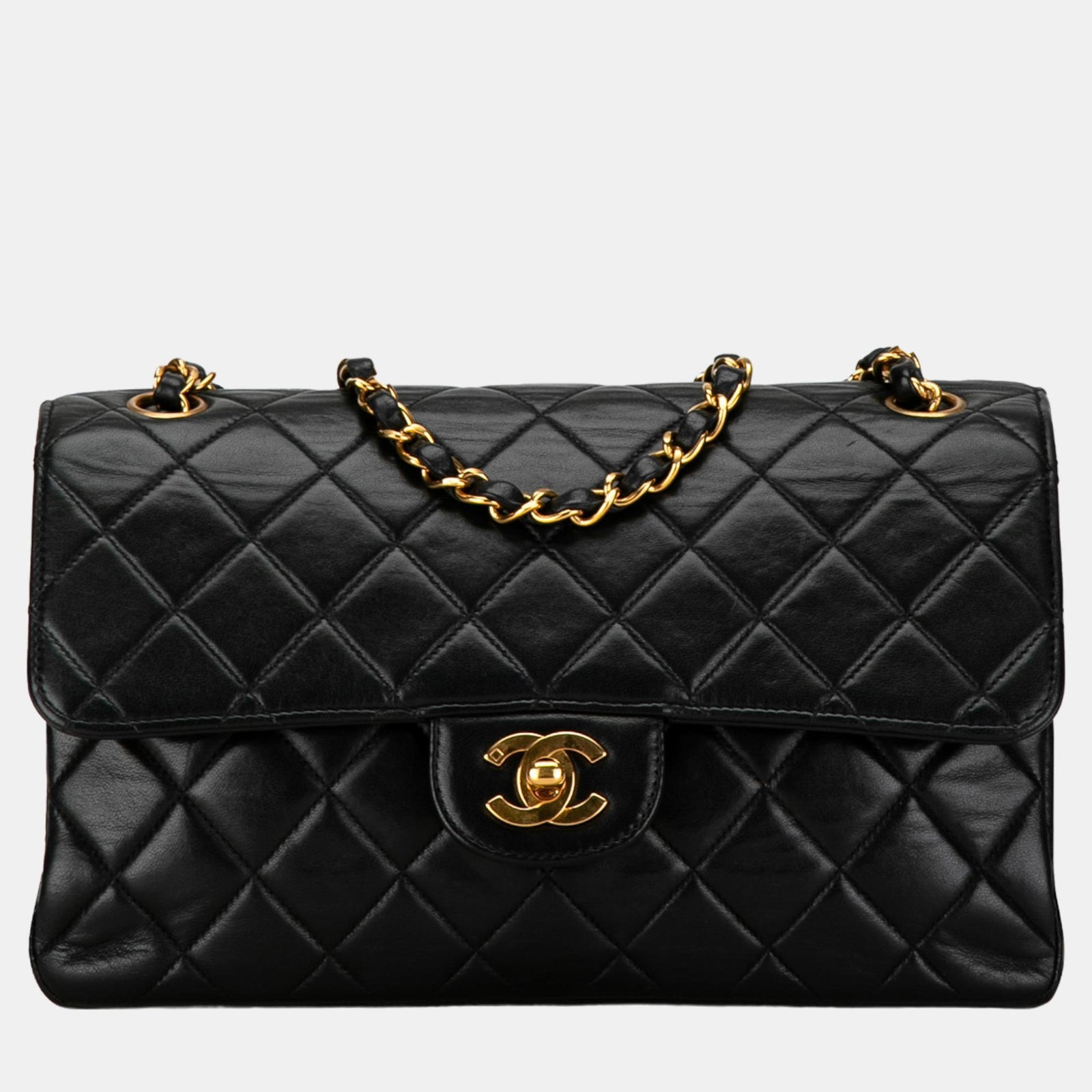 Chanel Portefeuille à rabat double face en cuir d'agneau classique noir de taille moyenne