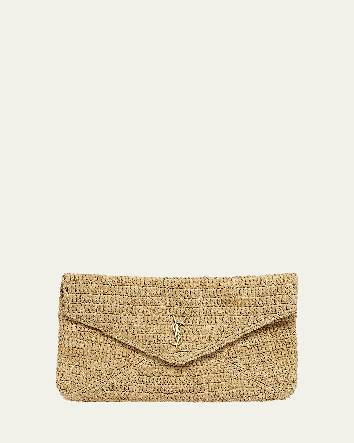 Saint Laurent Large YSL Envelope Pouch Clutch Bag in Raffia & Leather