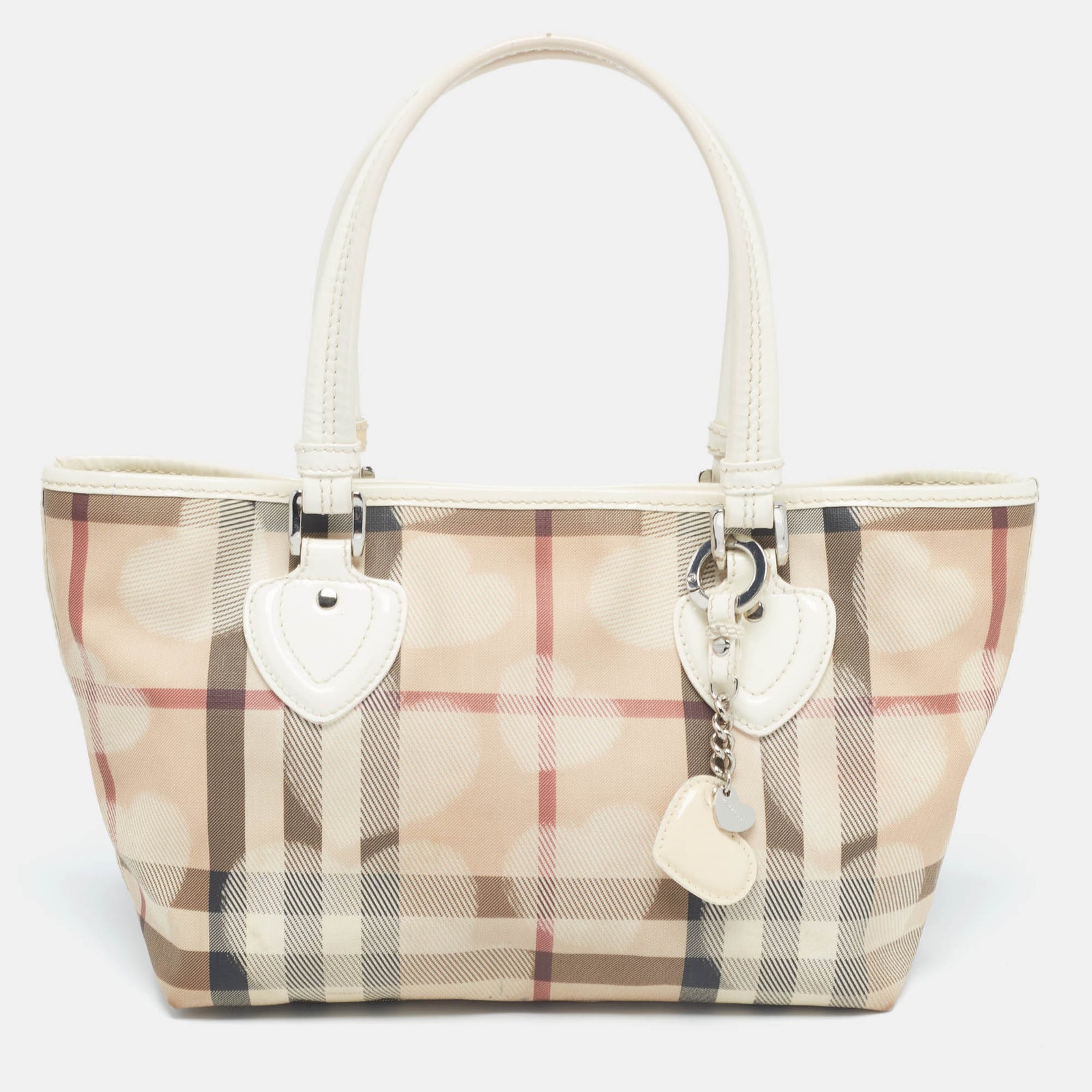 Burberry White/Beige House Check PVC and Patent Leather Heart Tote