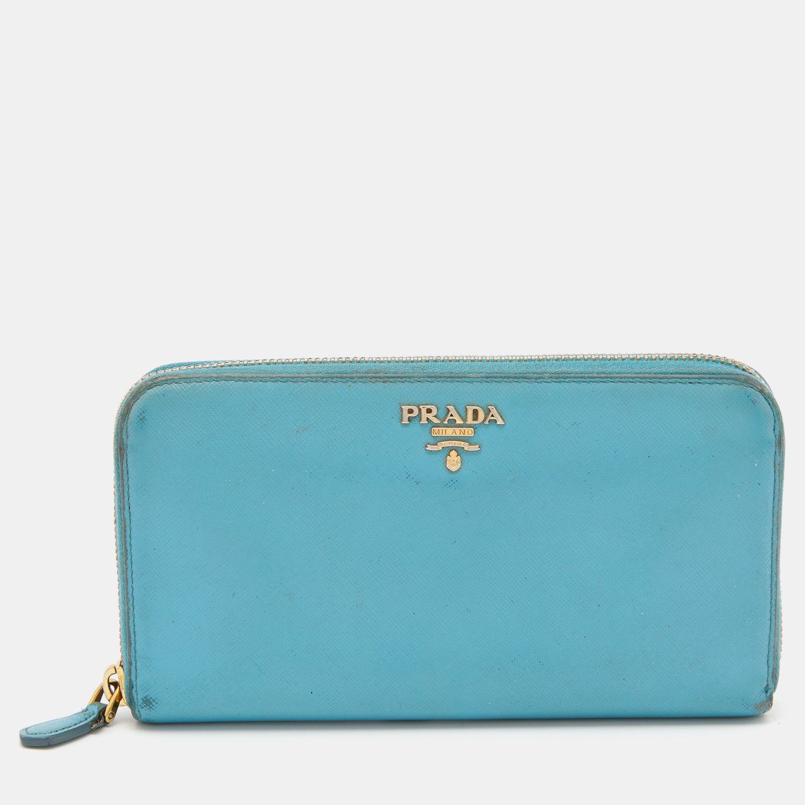 Prada Blue Saffiano Lux Leather Zip Around Wallet