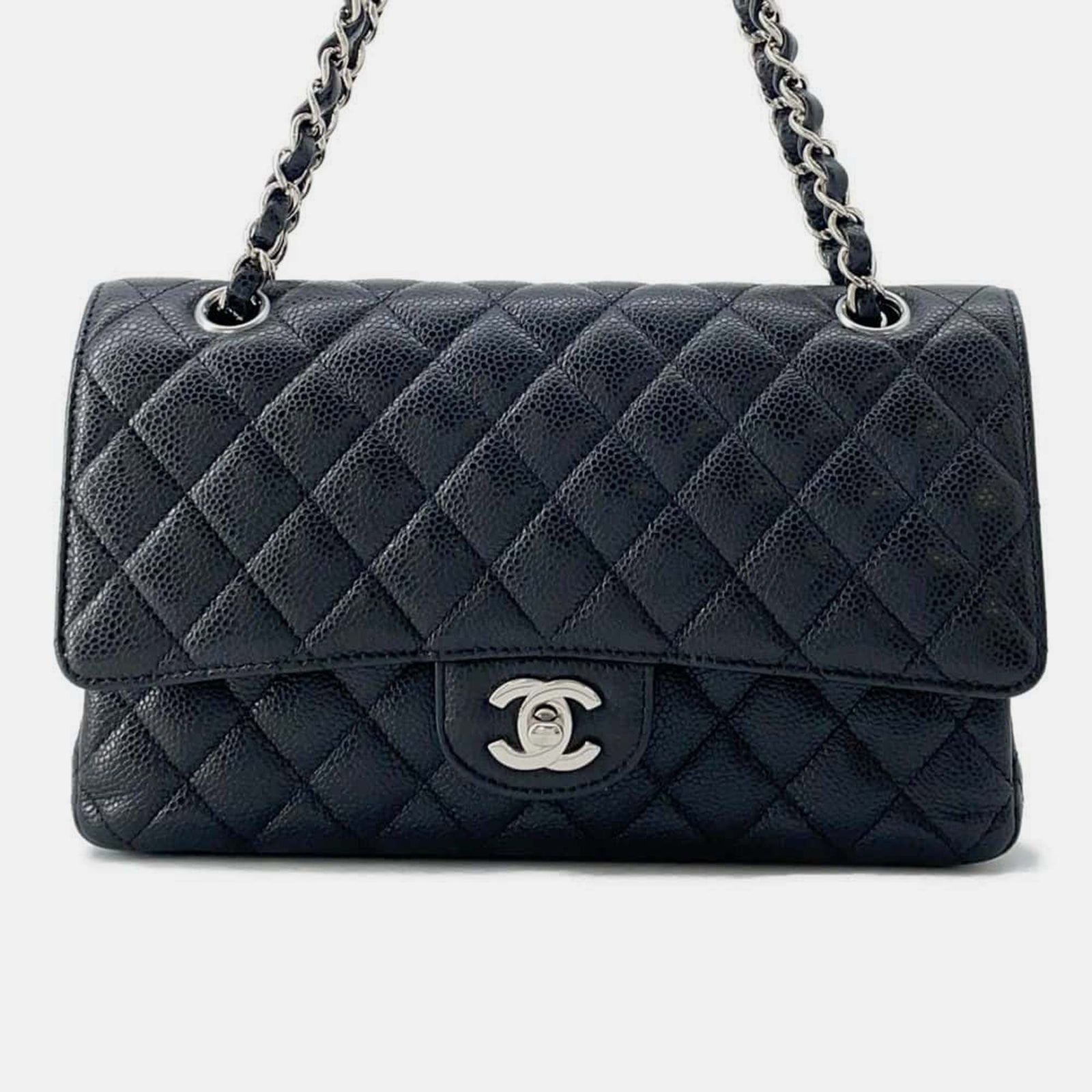 Chanel Klassische mittelgroße Schultertasche aus schwarzem Kaviarleder mit Doppelklappe