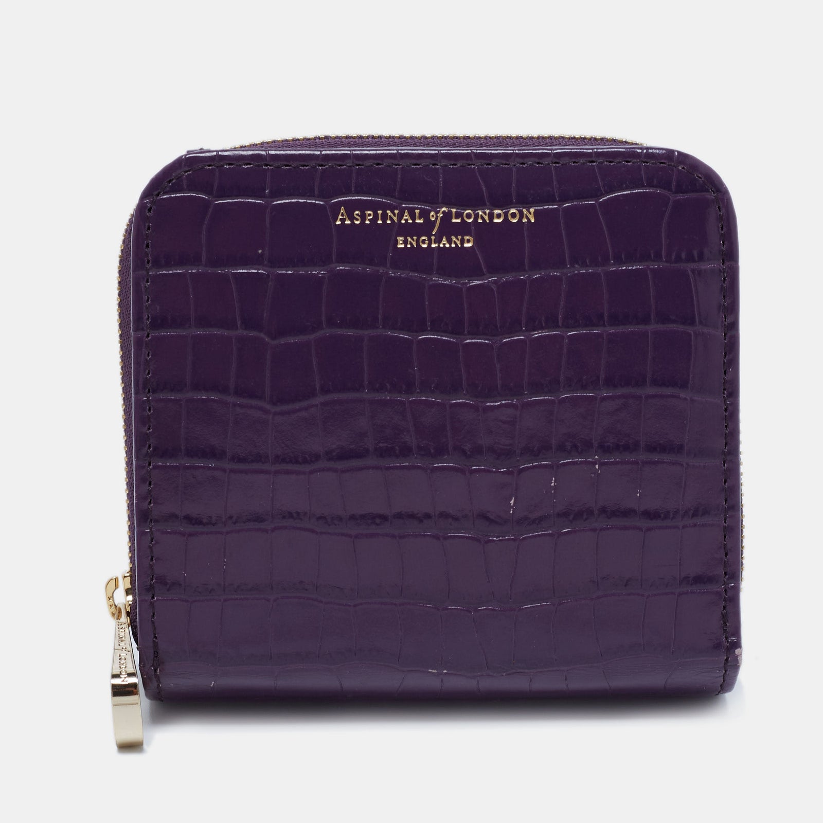 Aspinal Of London Aspinal of London Purple Croc Embossed Leather Zip Around Compact Wallet