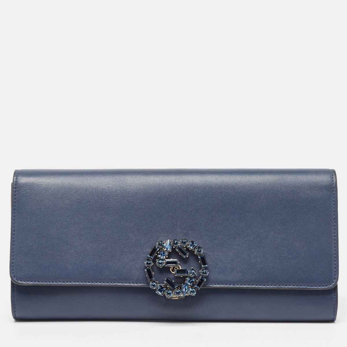 Gucci Dark Blue Leather GG Crystals Broadway Clutch