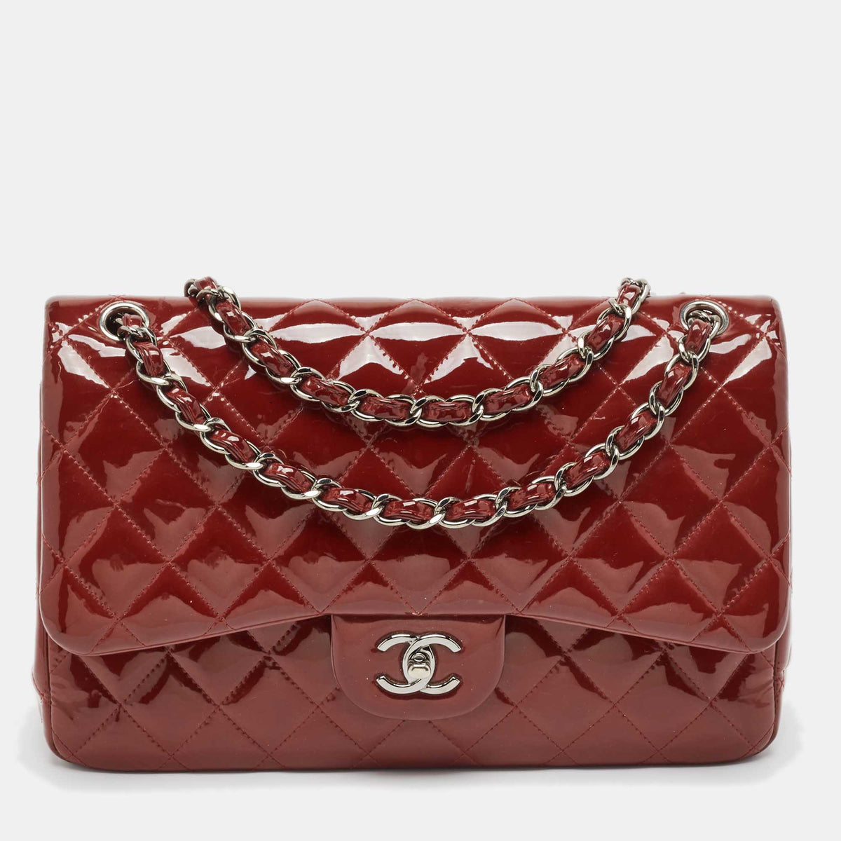 Chanel Red Quilted Patent Leather Jumbo Classic Double Flap Bag