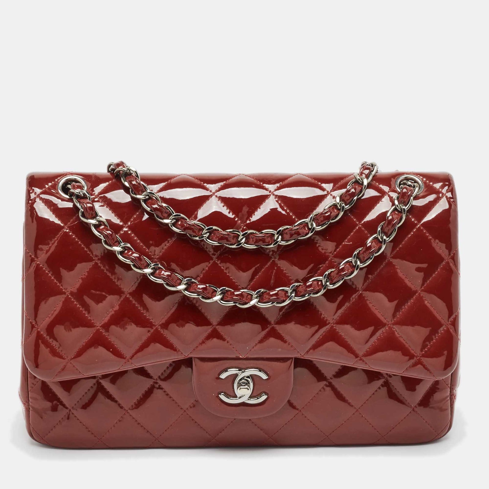 Chanel Rote, gesteppte Jumbo-Klassiker-Tasche aus Lackleder mit Doppelklappe