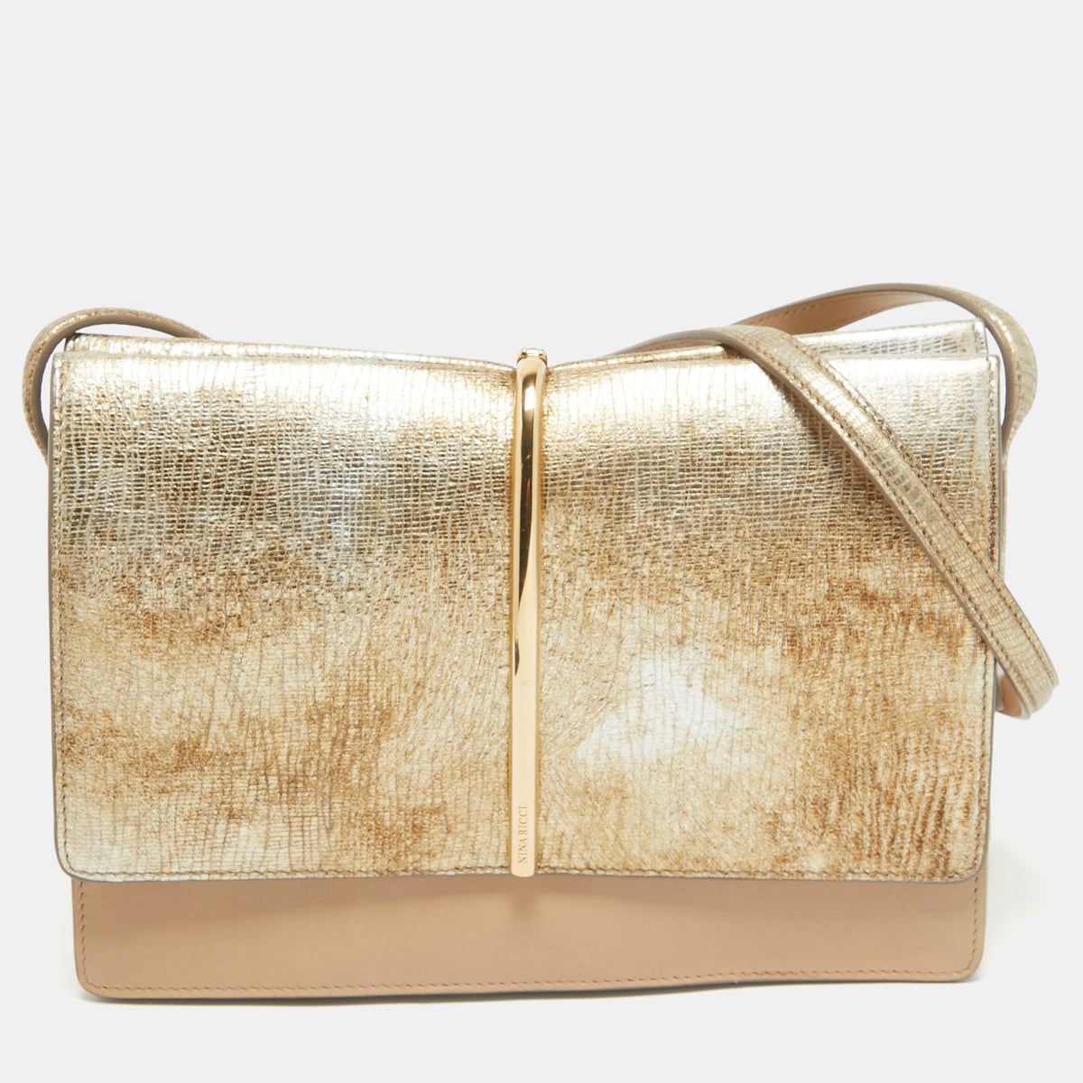 Nina Ricci Gold/Beige Leather and Suede Arc Shoulder Bag
