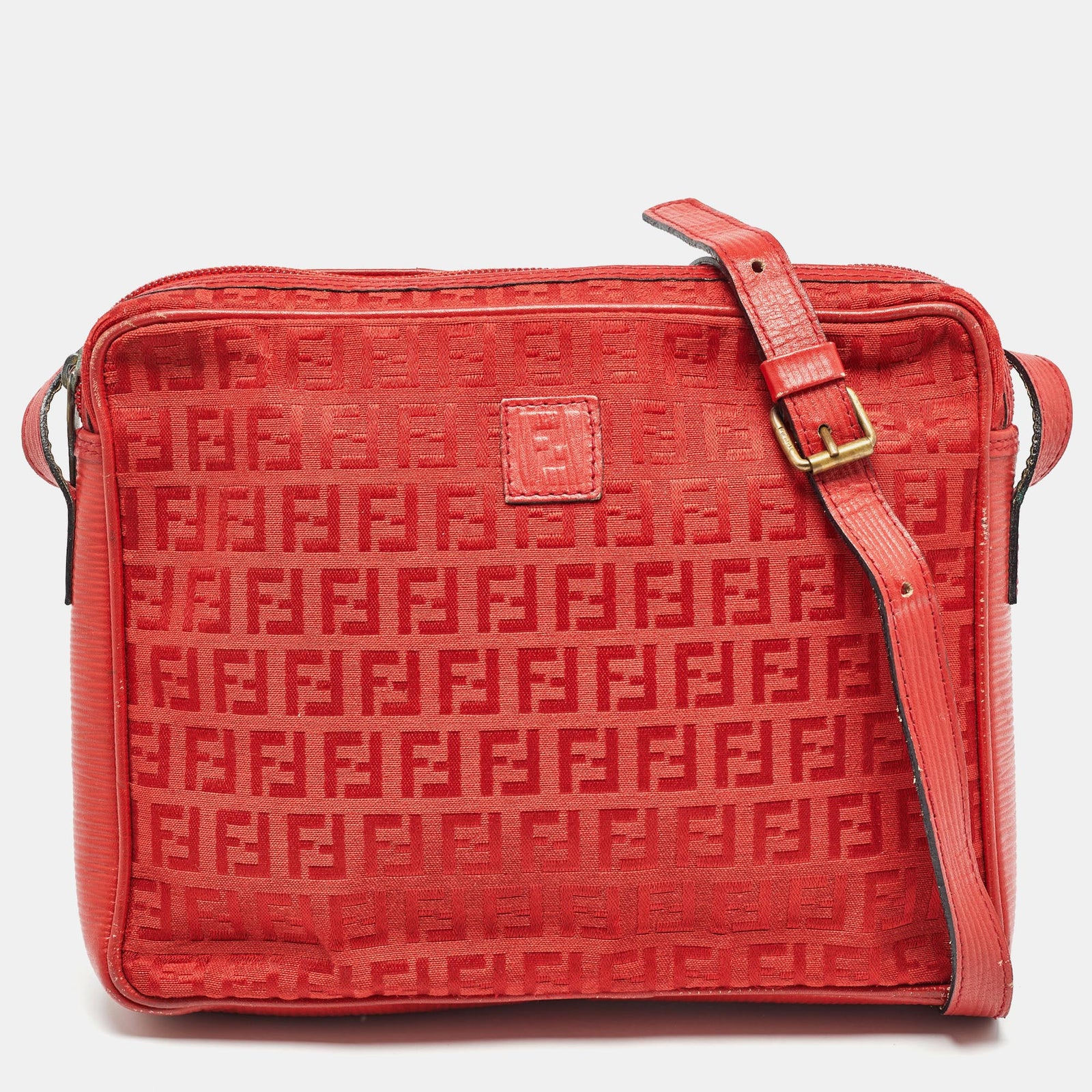 Fendi Red Zucchino Canvas and Leather Crossbody Bag