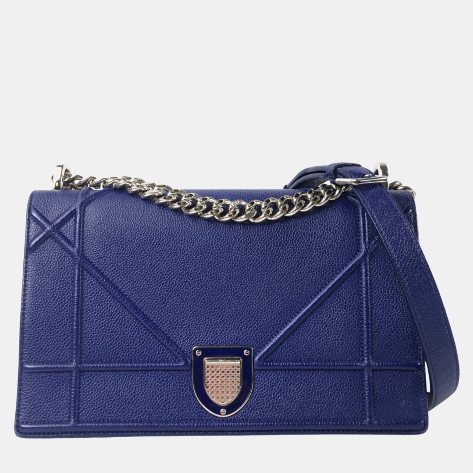 Dior Mittelgroße Diorama-Schultertasche aus genarbtem Kalbsleder in Blau