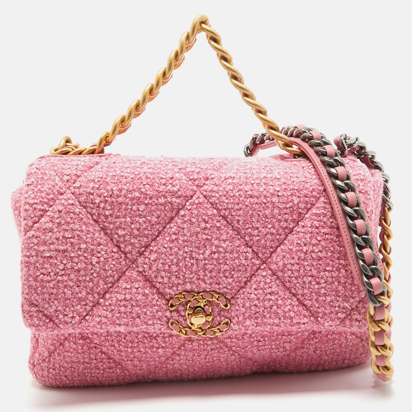 Chanel Große Umhängetasche „19“ aus gestepptem Tweed in Rosa