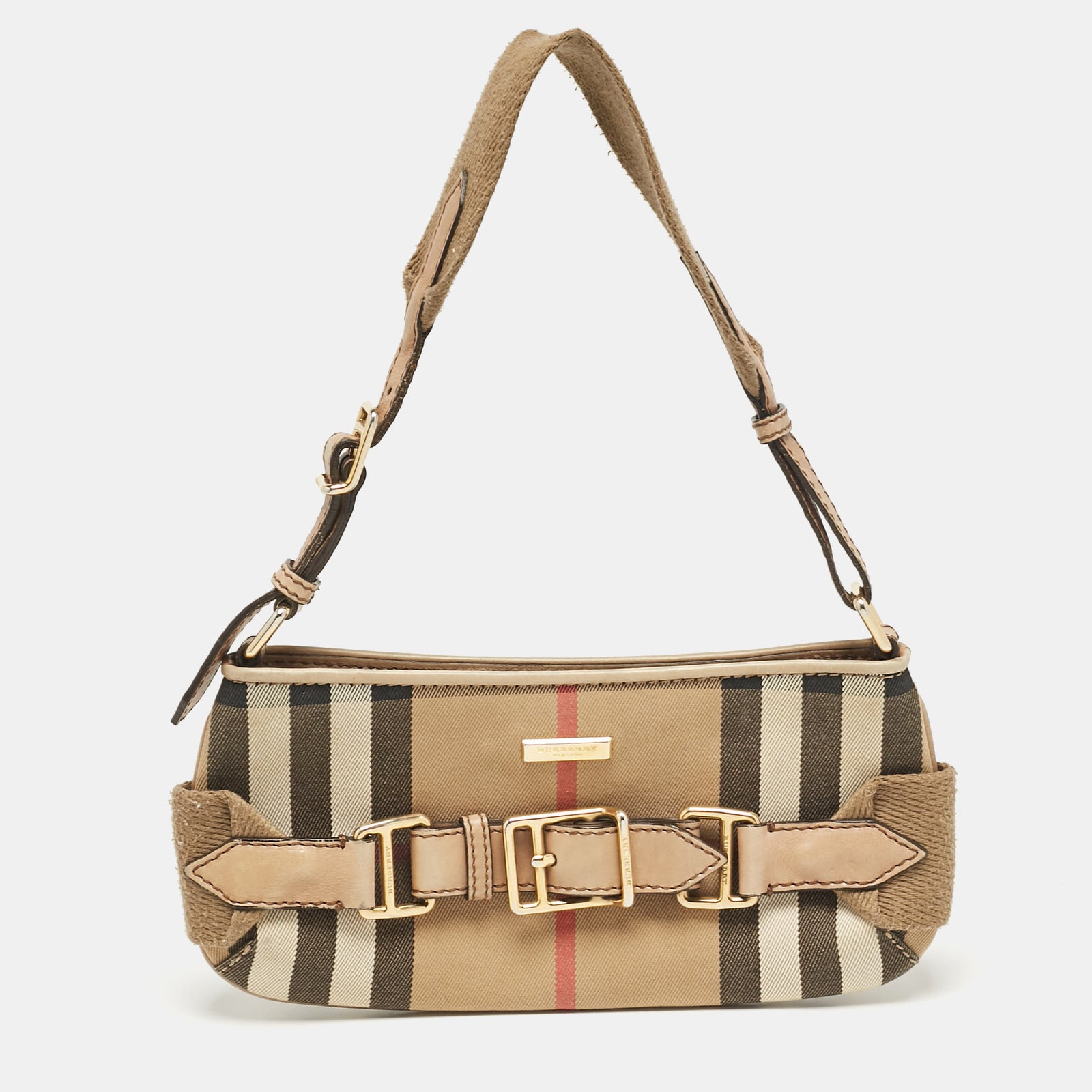 Burberry Beige House Check Fabric Baguette Bag